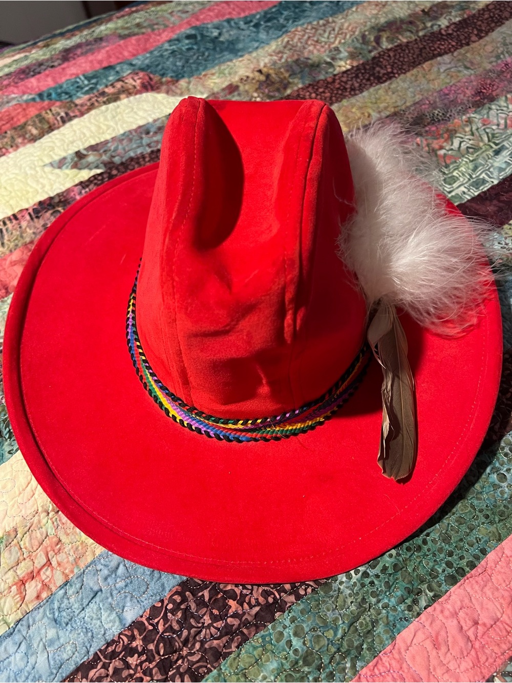 STUDS! Red Suede Feather Cowboy Hat with Rainbow Band - Picture 3 of 5